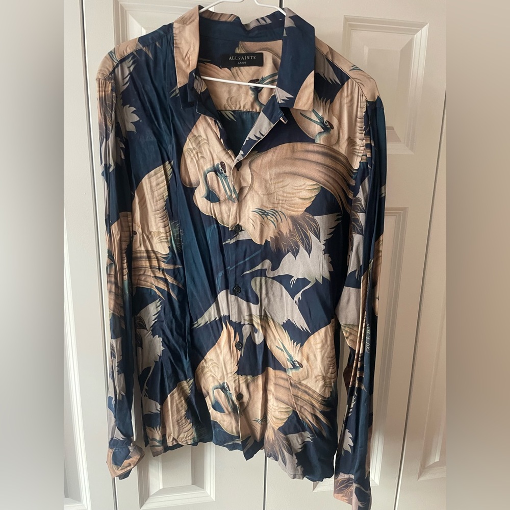 Allsaints Bird Print Navy Blue Long Sleeve Button Down Large
